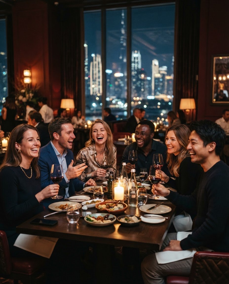Six guests laughing over dinner in a Dubai restaurant, with the city skyline behind them