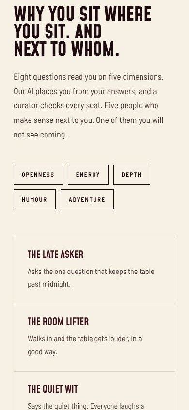 T6 website section explaining how each table is seated