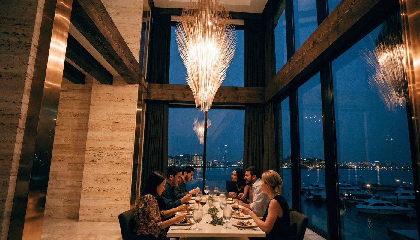 A long dinner table by floor-to-ceiling windows overlooking a marina at night